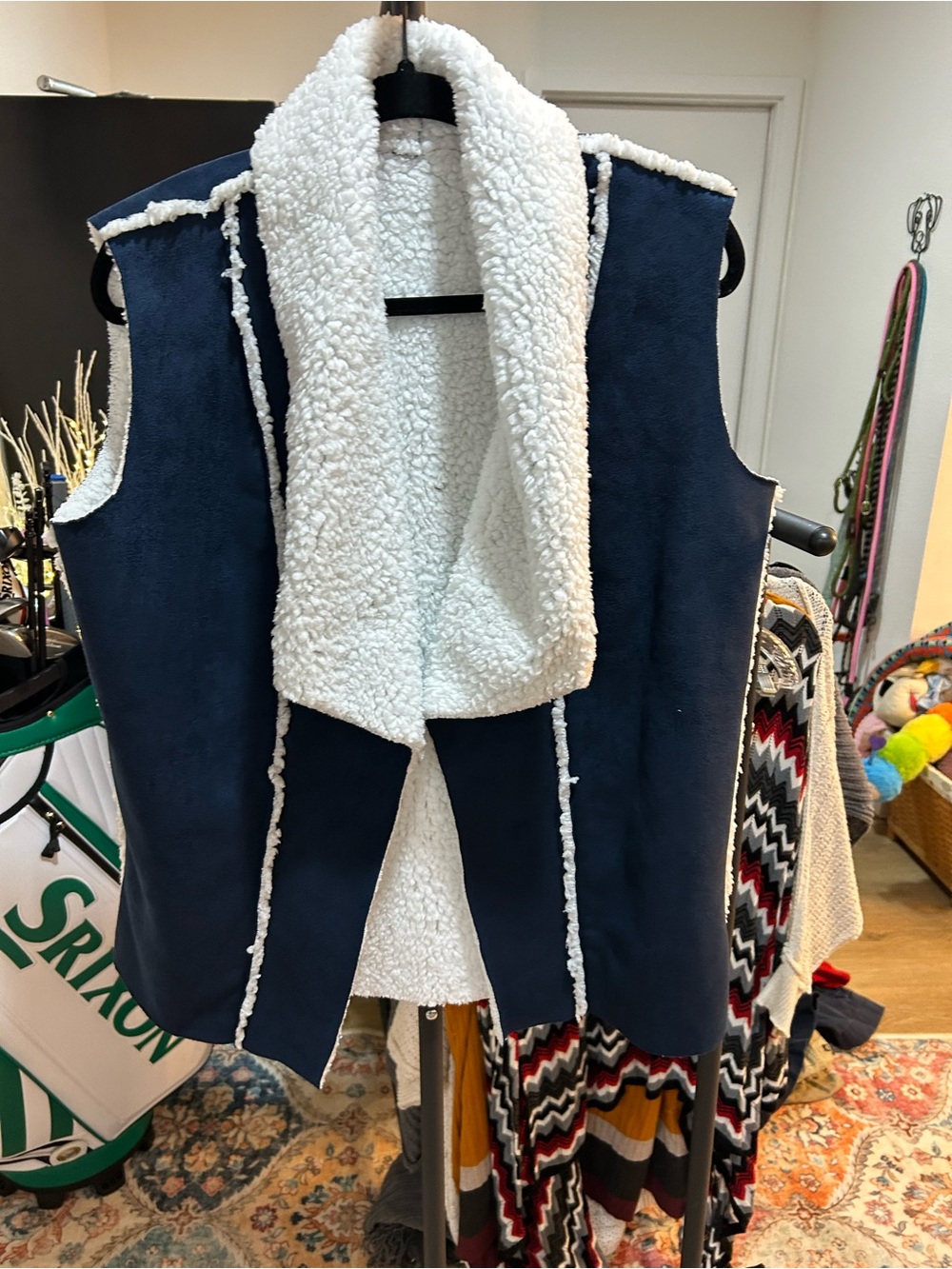 SHEIN Navy Vest with White Faux-Sherpa Trim
